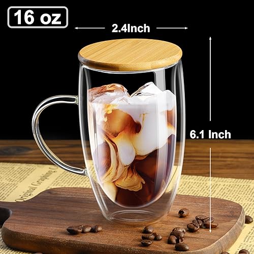 Miniatura 2 de PARACITY Tazas de café de vidrio de doble pared de 16 onzas con tapacuchara de bambú, juego de 2 tazas de café de vidrio con asa, taza de café