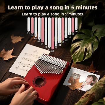 KaLimba Thumb Piano 17 Keys, Red Portable Mbira Finger Piano with Tune Hammer and Instruction, Musical Instruments Hand Piano Gifts for Kids, Adults and Music Beginners