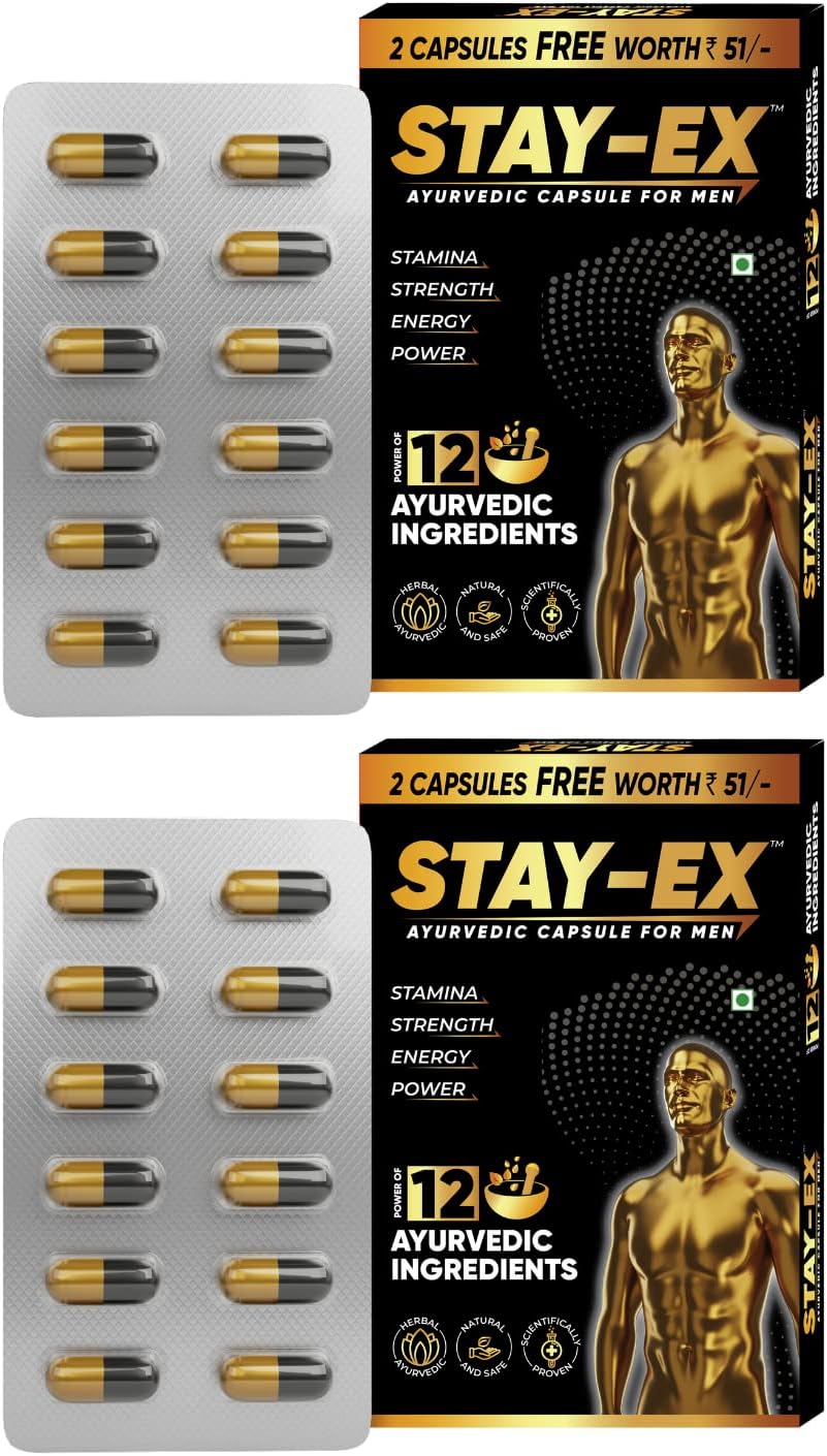 STAY-EX Ayurvedic Capsules for Men to Improve Stamina, Strength & Energy For Performance with Power of 12 Ingredients Including Shilajit Safed Muesli, Ashwagandha, Gokshura etc (Pack of 2, 24N)