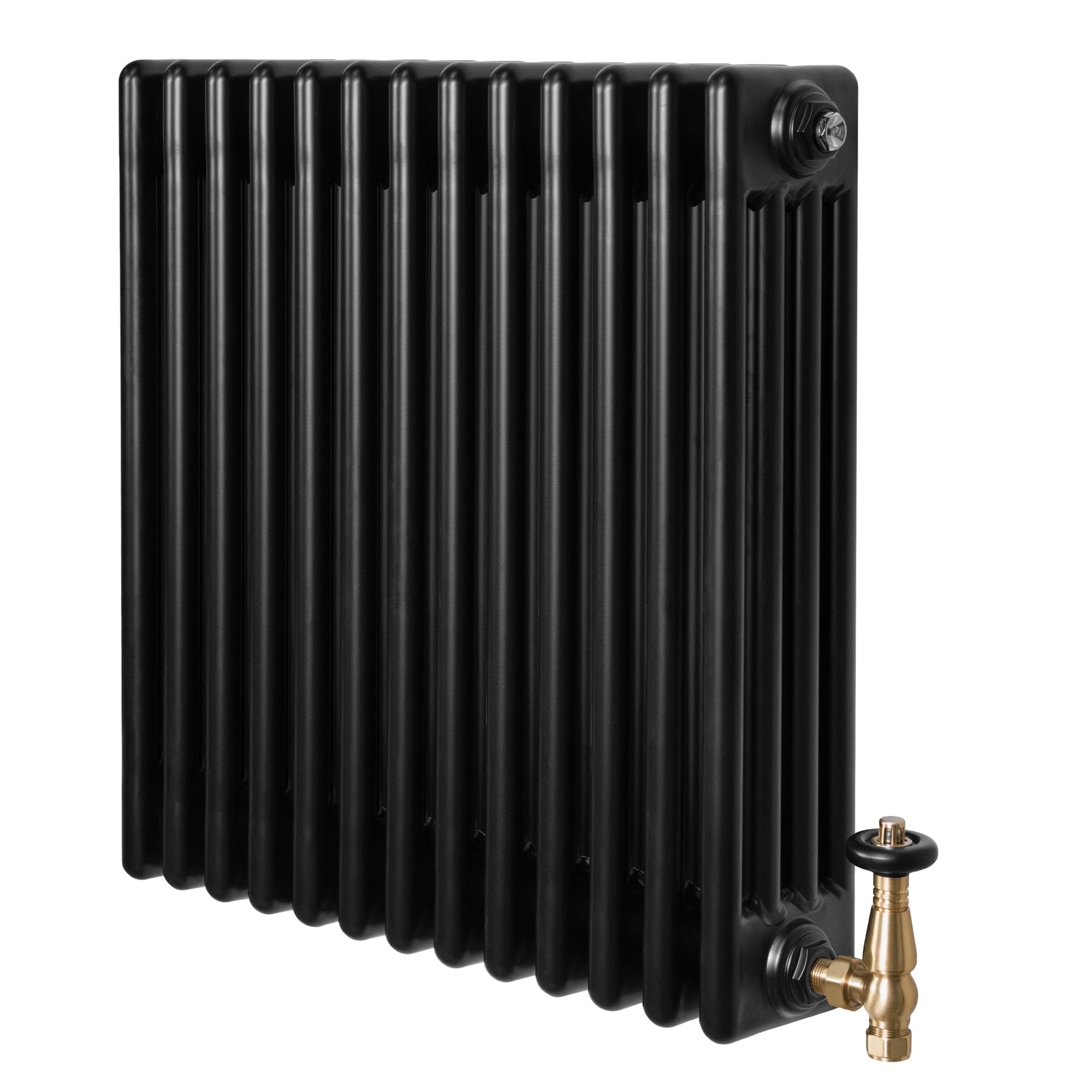 Traditional 4 Column Radiator 600mm x 605mm & TRV Brass Valves Central Heating Heater Black Carbon Steel Horizontal Wall Mounted Kitchen Living Room Cleaning Brush Fixing Kit & Brackets — image 1