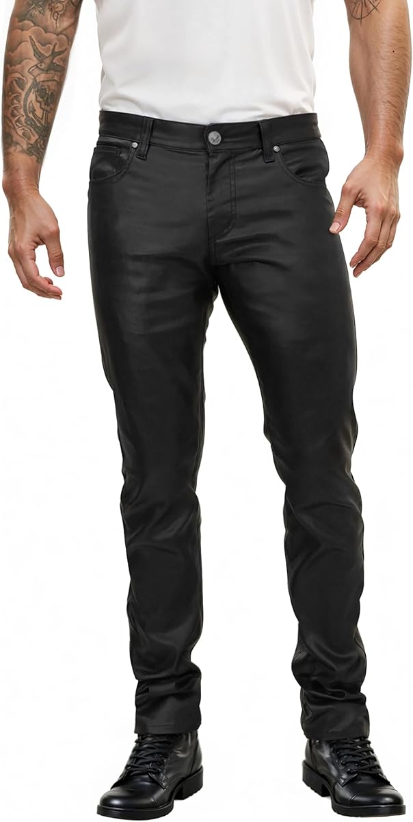 ETHANOL Mens Slim Fit Stretch Fashion Casual Faux Leather Pants