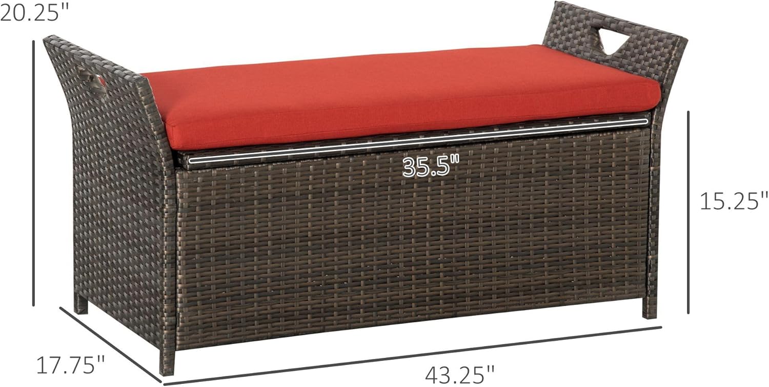 27Gallon Rectangular PE Rattan Storage Bench Red Weatherproof Heavy Duty with Hinged Lid Waterproof Outdoor Durable Furniture