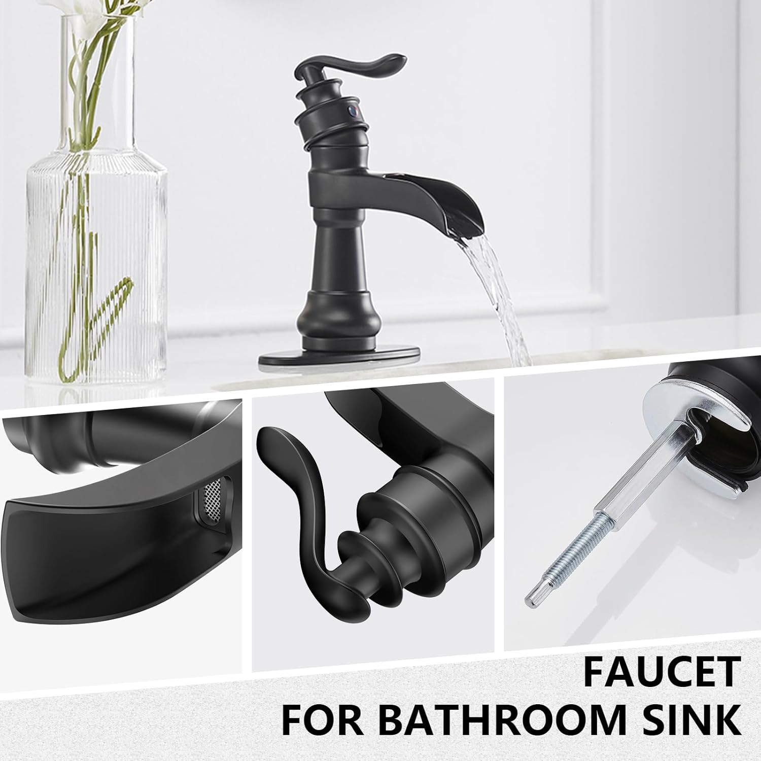 Black Bathroom Faucet, Black Waterfall Sink Faucet, Single Hole Bathroom Faucet, Matte Black Single Handle Farmhouse RV Lavatory Vanity with Pop Up Drain with Overflow