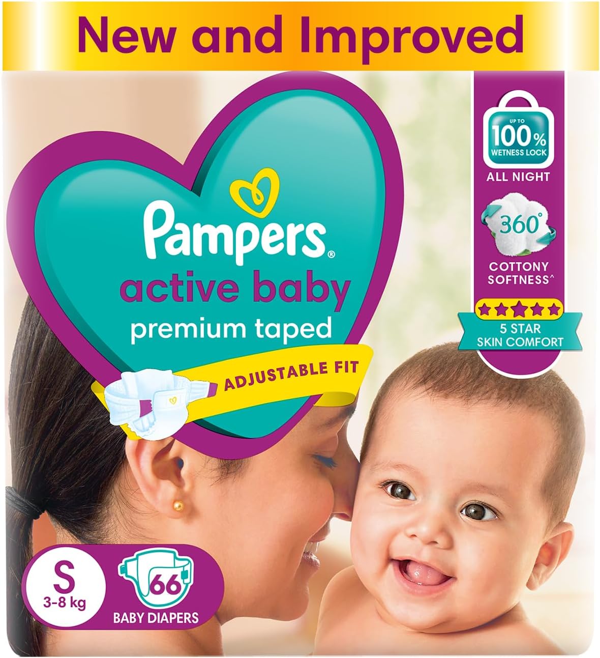 Pampers Active Baby Taped Diapers, Small size diapers, (S) 66 count, taped style custom fit