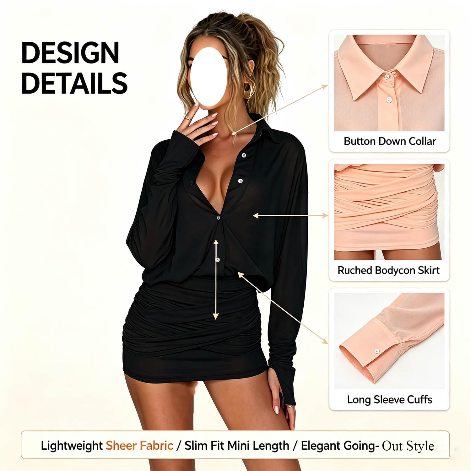 Damska przezroczysta koszula mini sukienka z długim rękawem zapinana na | Spódnica mini z wysokim stanem, marszczona, wiązana w talii, slim fit, seksowne, eleganckie stroje wyjściowe na imprezę