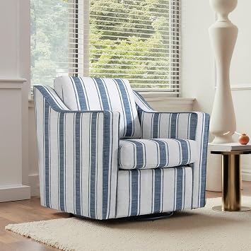 Swivel Accent Chair, Striped Armchair with Lumbar Pillow, Navy