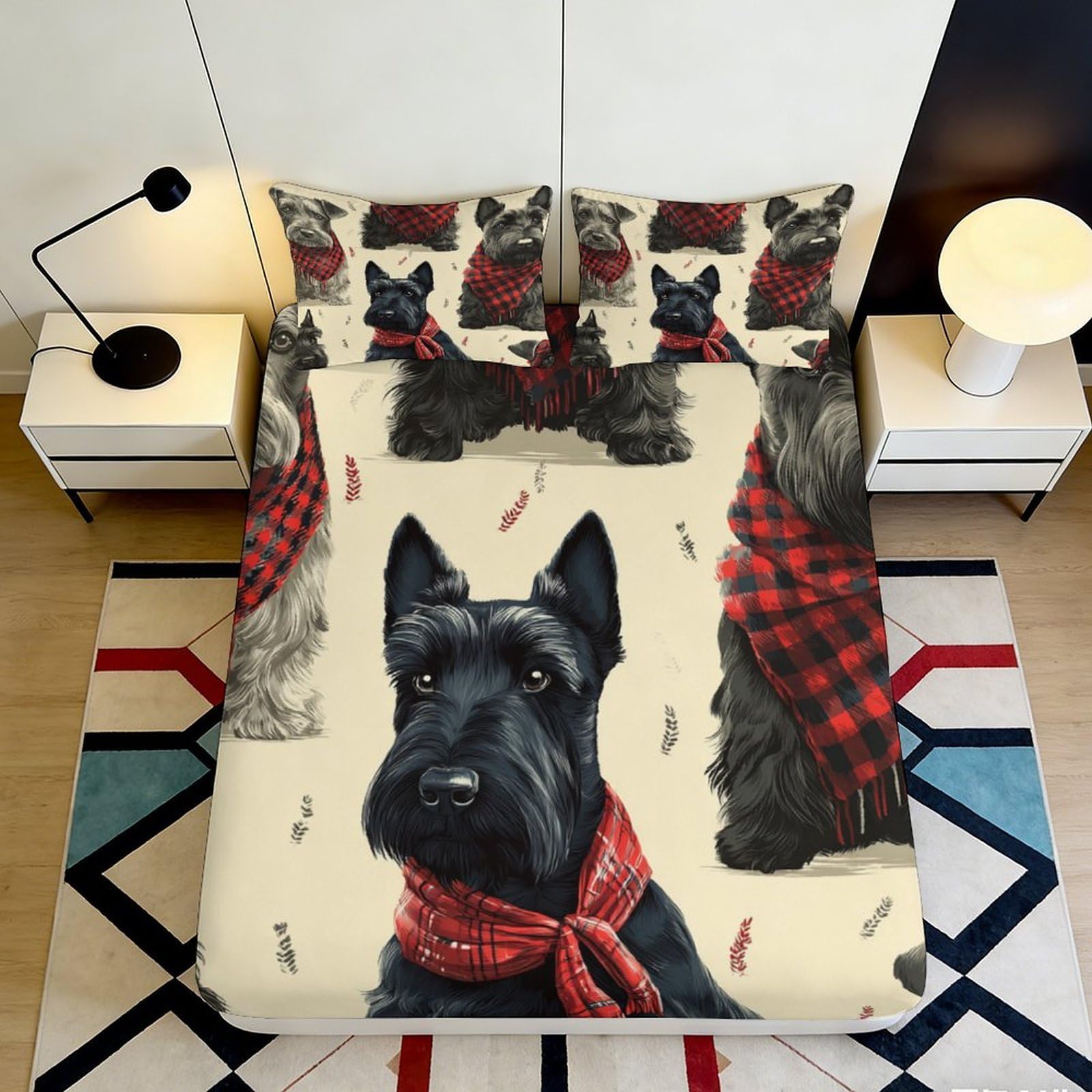 3D Printed Black Scottish Terrier Fitted Sheet Microfiber Soft Red Plaid Bed Cover for Bedroom Dorm Mattress Protection 90x200x25cm