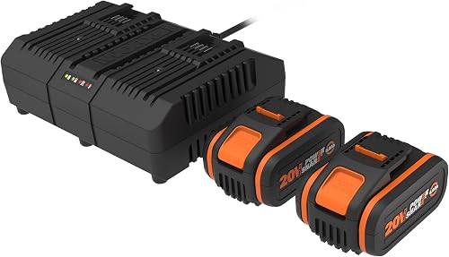 WORX Pack 2 Batteries et Chargeur Double 20V 4Ah WA3611, Batteries Haute Performance avec indicateur de Niveau de Charge, Charge Rapide, compatibles avec Tous Les Outils Worx PoweShare - 1