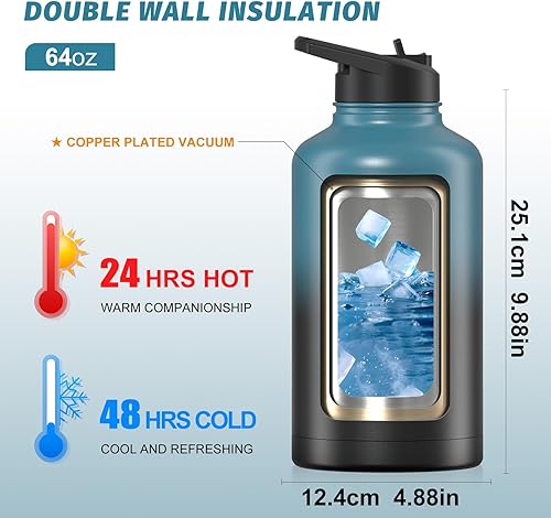 Miniatura 2 de Botella de agua aislada de 64 onzas (fría durante 48 horas), sin BPA y a prueba de fugas, botella de agua de acero inoxidable de medio galón, jarra
