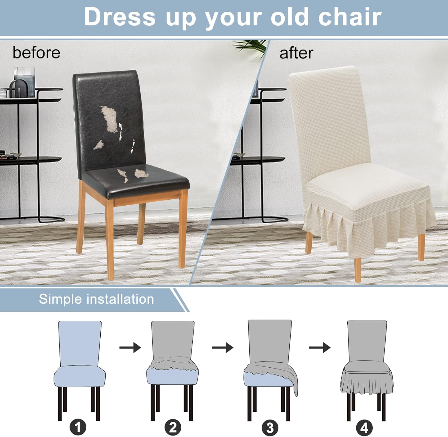 Chair Covers for Dining Room Set of 2/4/6, Stretch Parsons Chair Slipcover with Skirt Chair Covers, for Hotel Ceremony Banquet Wedding Party Kids Pets,A,6pack