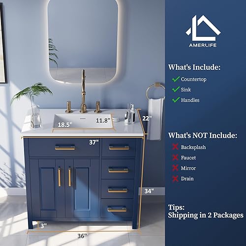 Miniatura 2 de Combinación de tocador de baño de 36 pulgadas con lavabo, moderno juego de gabinete de baño individual pequeño, incluye encimera de 37 pulgadas y