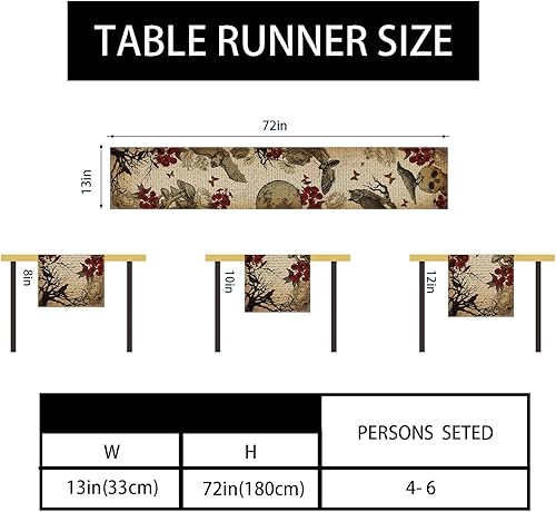 Miniatura 7 de Camino de mesa de lino retro cuervos para Halloween, cuervos, rosa negra, calavera, hongo, mariposa, decoraciones de Halloween, mantel para