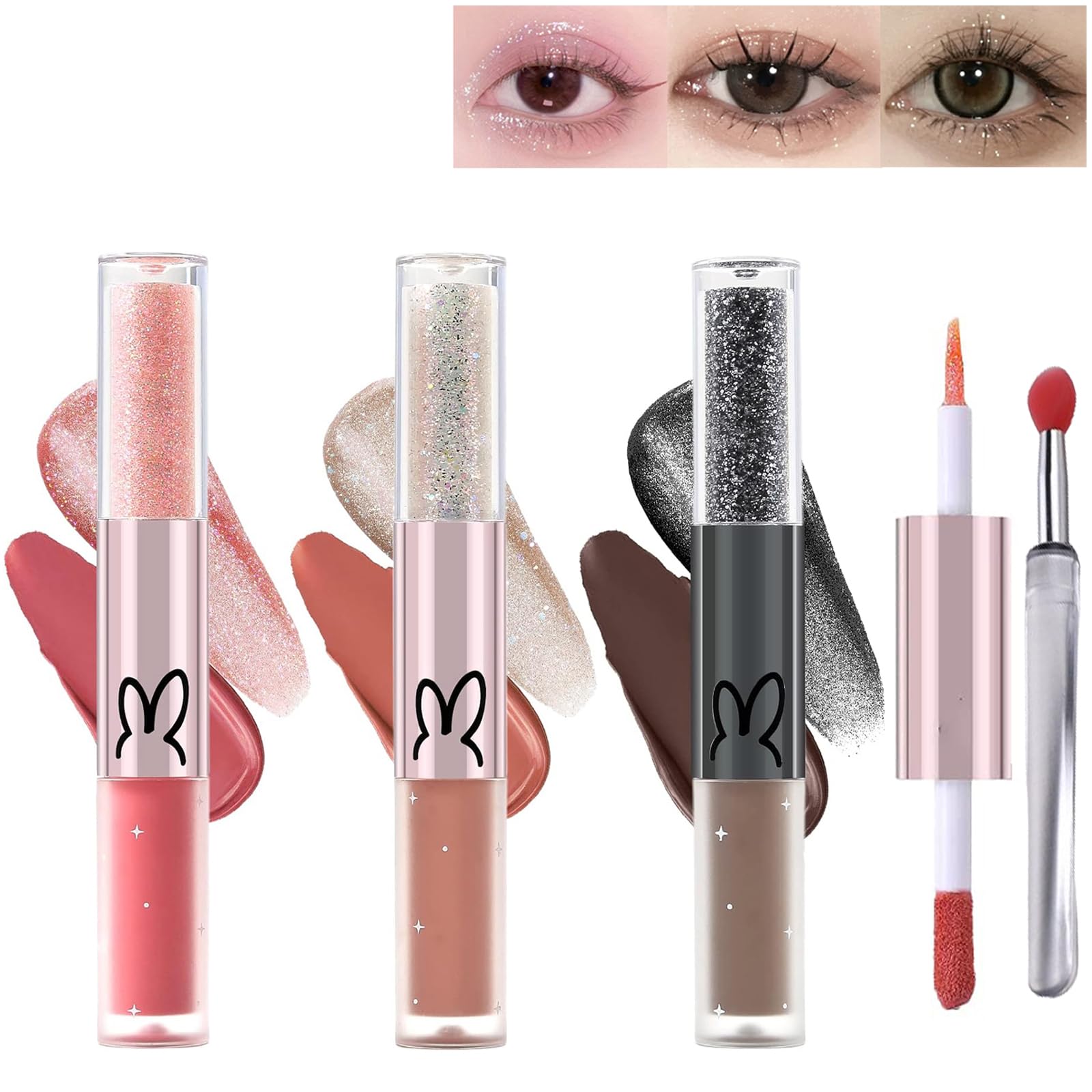 MMOOUP 3PCS Liquid Glitter Eyeshadow Set - Double Ended Shining Shimmer Liquid Eyeliner Matte, Korean Waterproof Blendable Sparkling Metallic Eye Shadow Makeup (A)