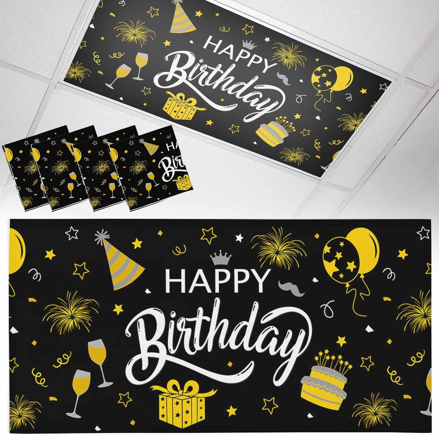 Fluorescent Light Covers Happy Birthday Magnetic Light Filters Gift Cake Black Ceiling Light Covers for Classroom Office Home Drop Ceiling Lamp Decor 4 Pieces