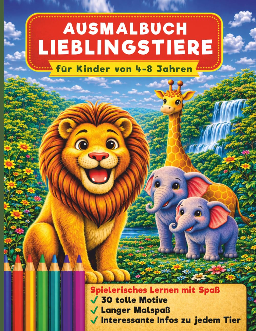 Ausmalbuch Lieblingstiere für Kinder von 4-8 Jahren: 30 liebevoll gestaltete Tiermotive zum Ausmalen – mit spannenden Infos zu Löwe, Tiger, Panda, ... Clownfisch und vielen weiteren Tieren.