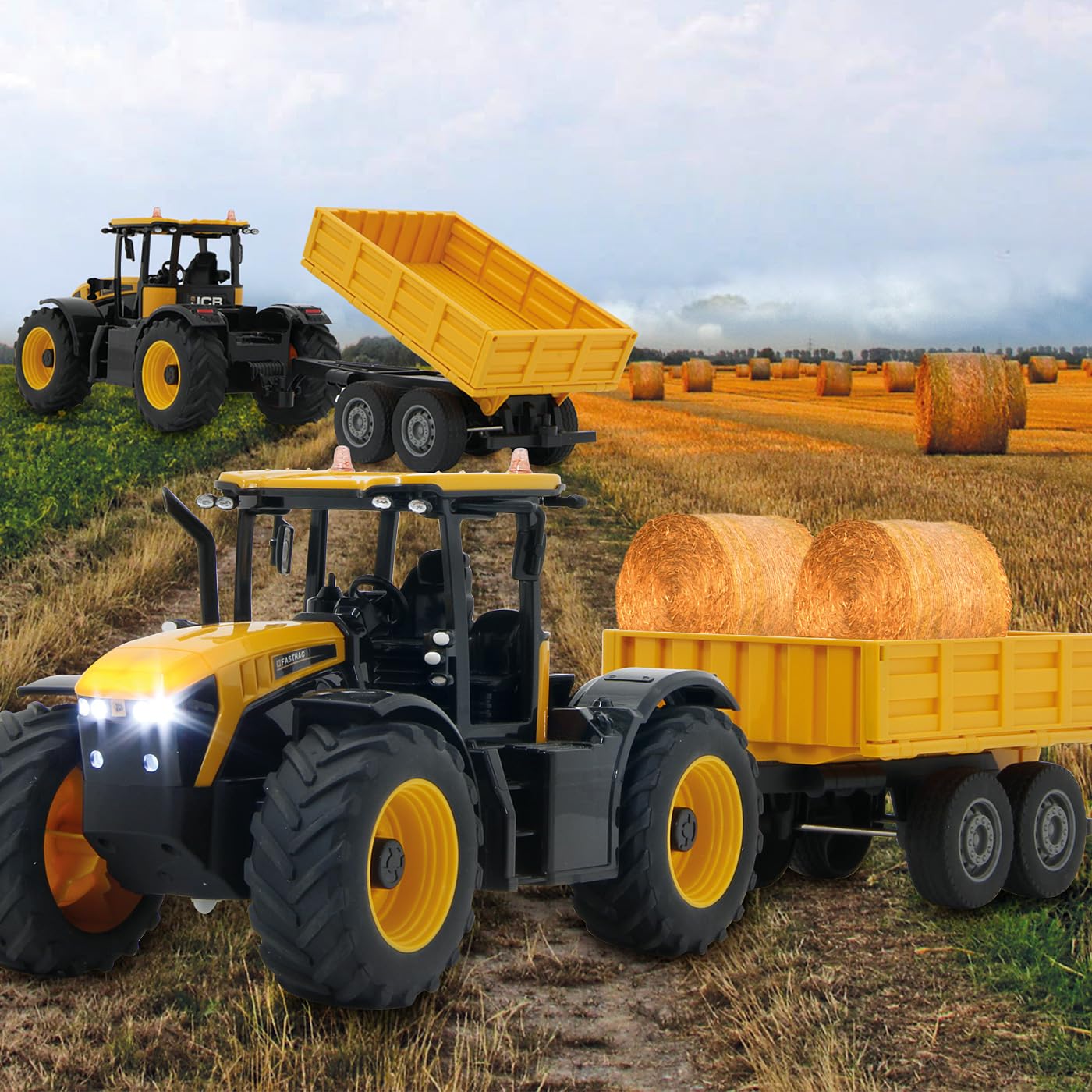 JAMARA JCB Fastrac traktor z przyczepą uchylną 1:24 2,4 GHz – napęd na 2 koła, profilowane opony gumowe, światło LED, rolnictwo