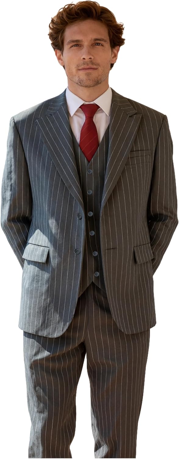 Mens Suit 3 Pieces Peaked Lapel Grey Pinstripe Slim Fit Tuxedo Blazer Vest Pants Prom Event Wedding Banquet Dinner