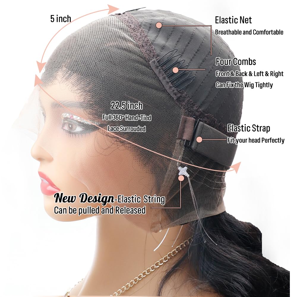 360 Lace Front Wigs Human Hair Body Wave 200% Density 16 Inch Upgraded Hidden Straps 360 HD Full Lace Wigs Human Hair With Drawstring Pre Plucked With Baby Hair for Women Natural Black