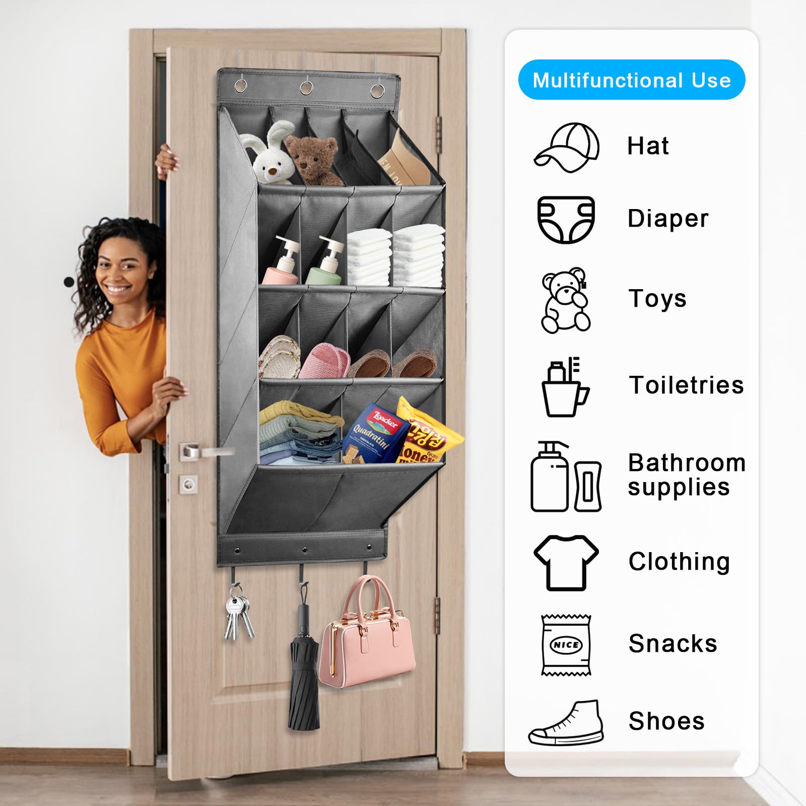 Scarpiera porta, scarpiera da appendere, organizer da appendere con 6 ganci, porta scarpe con 14 tasche profonde per scarpe, accessori per la casa, ecc. (grigio)