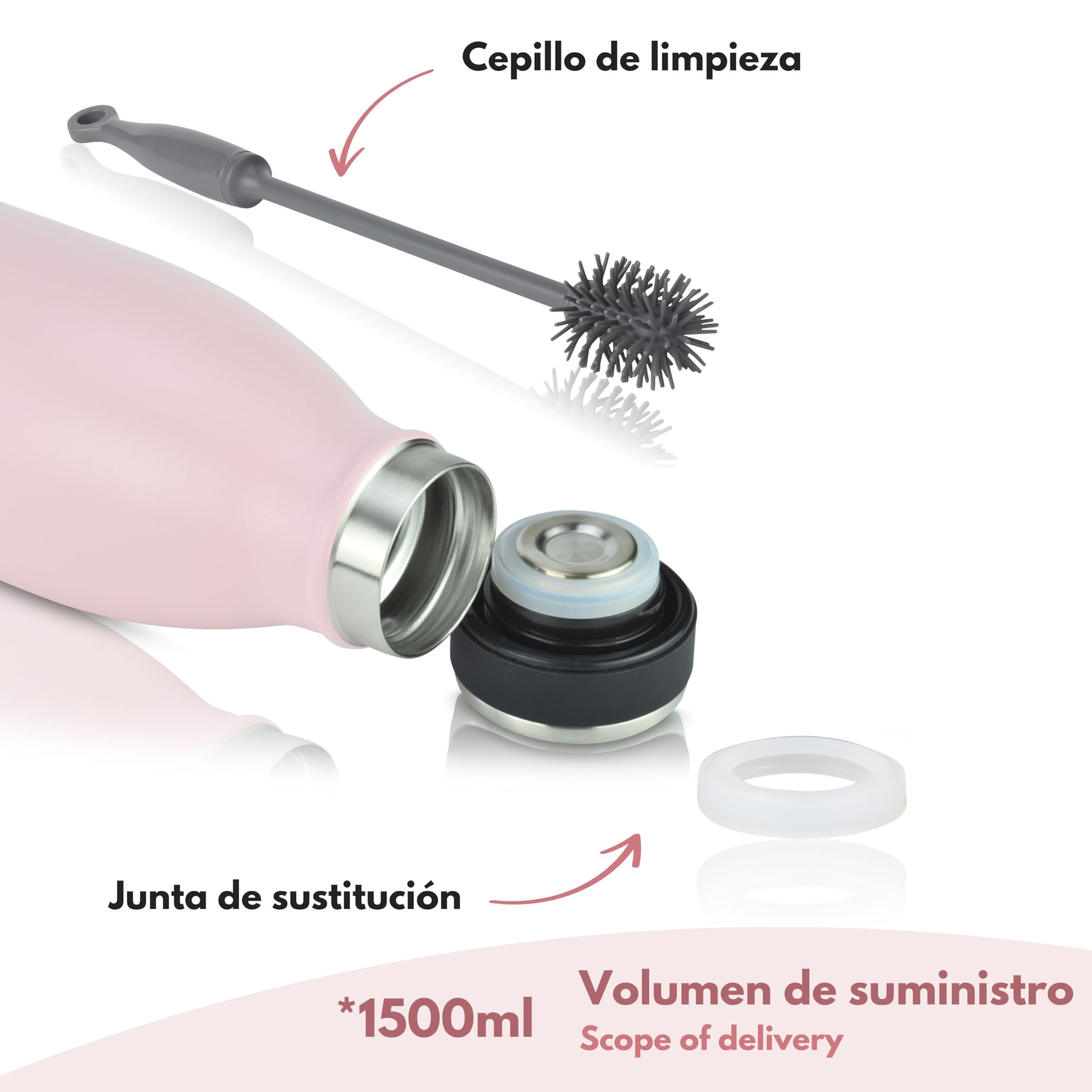 Milu Botella de acero inoxidable de 350ml 500ml 750 ml 1 L 1,5 L botella de agua aislada, termo a prueba de fugas, doble pared, apta para ácido carbónico + cepillo de limpieza (Azul Violeta, 350ml) — view 85