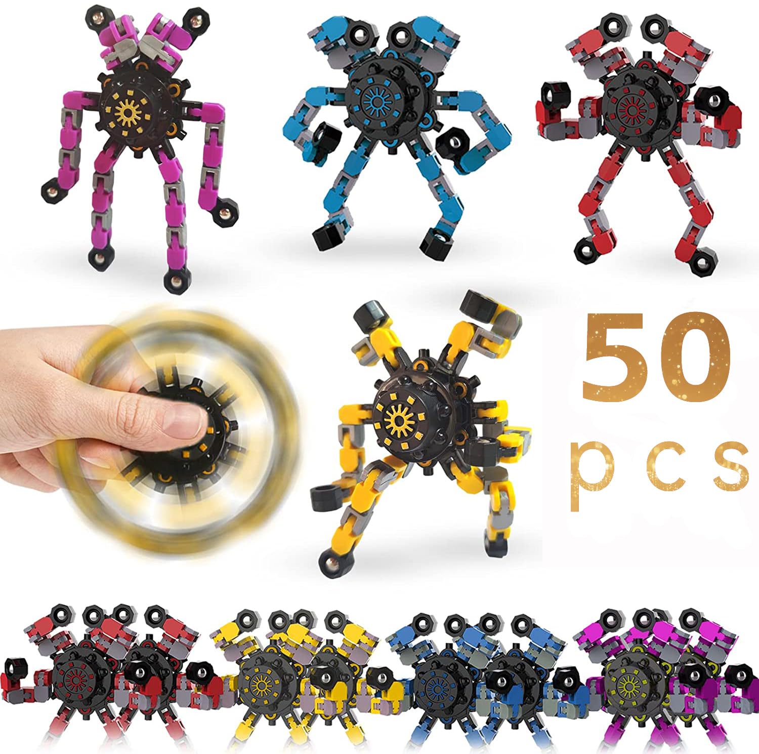 50pcs Random Fidget Spinners,DIY Deformable Robot Fingertip Toys,Decompression Spinner,Deformable Creative Mechanical Gyro Toys,Stress Relief