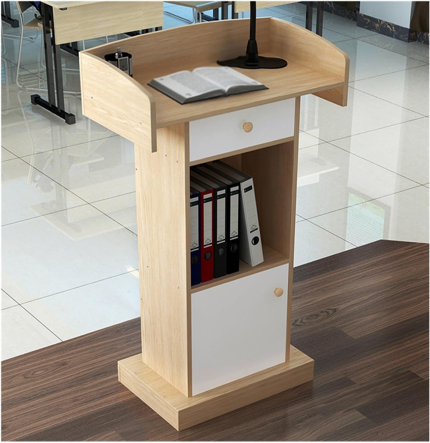 With Drawer Pulpit Lectern ，Multi Function Pulpit，Pulpit For Churches，Solid Wood Pulpits，Stable Base, Beautiful Appearance, Comfortable Design, Stable Structure(Wood color)