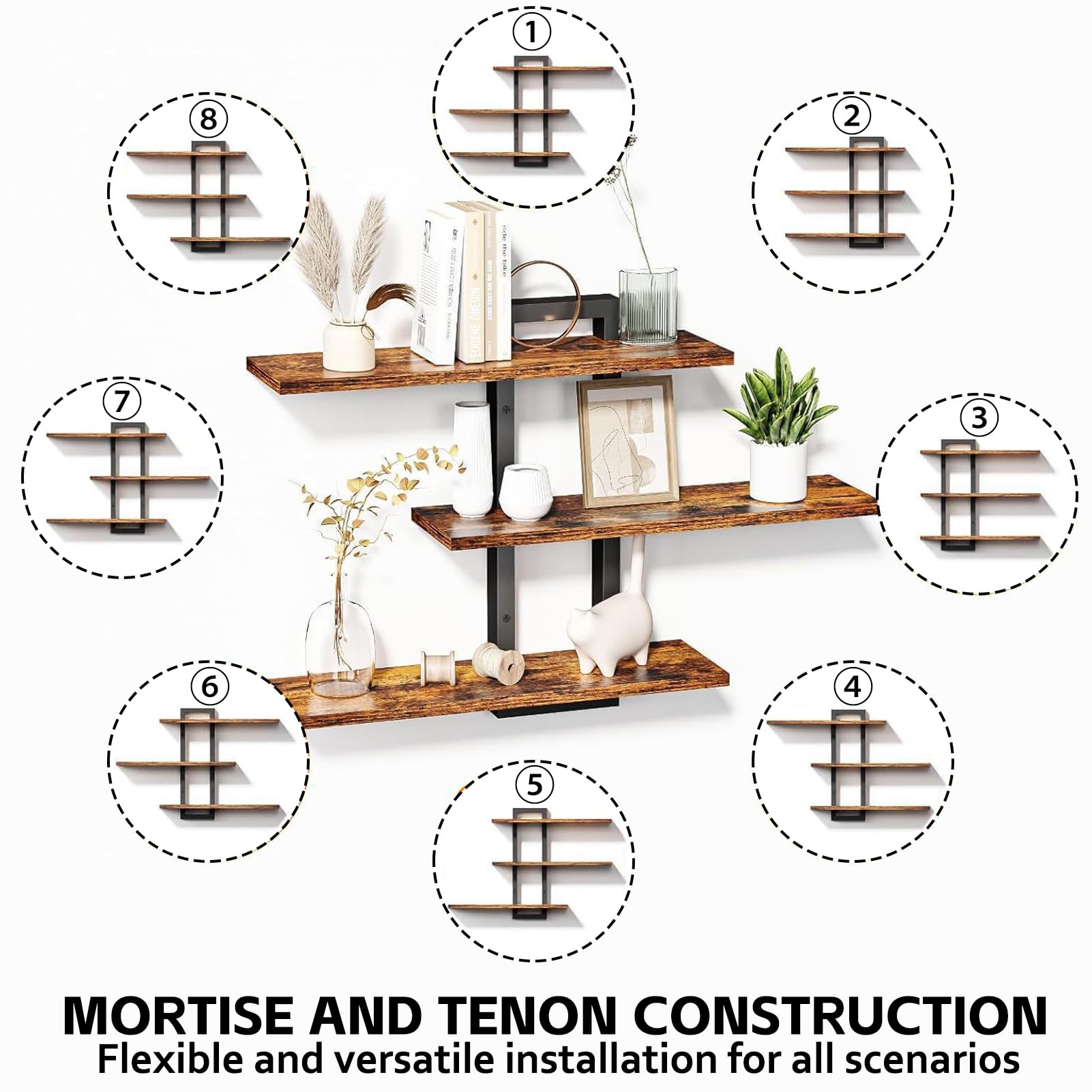 Wandregal Holz,Wandhalterung Aus Holz für Badezimmer, Regal Küche Wand, Regalboden,Schlafzimmer, Küche, Wohnzimmer, Flur - 3er Set Wandregal Rustikal mit Metallhalterungen - Braun
