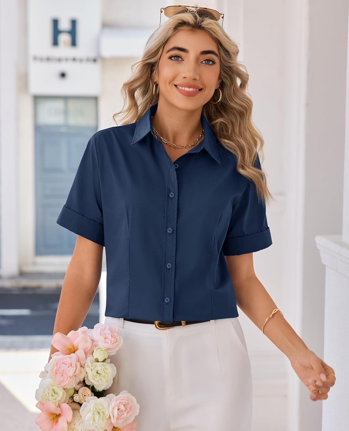 siliteelon Womens Button Down Shirt Stain Shield Short Sleeve Wrinkle Free Dress Shirt Work Blouse Business Casual Tops - Image 3