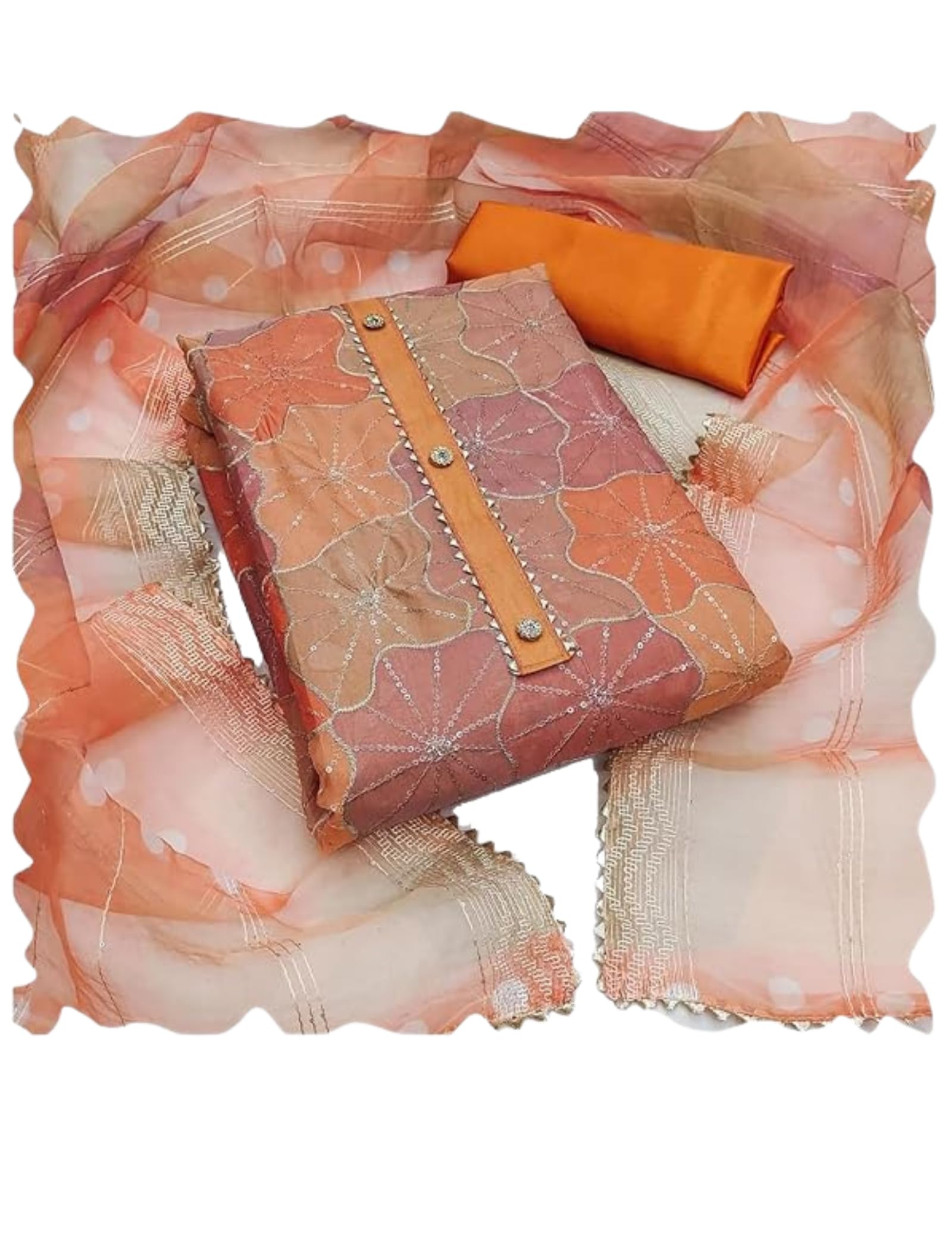 SANGANEE Women's Organza Silk Dress Material, Digital Print Dupatta, Crosset Work + Inner and Bottom Shantoon-image-20
