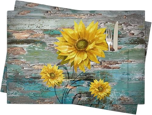 Juego de 2 manteles individuales retro con flores amarillas para mesa de comedor, manteles individuales de lino de algodón con bolsillo, mesa