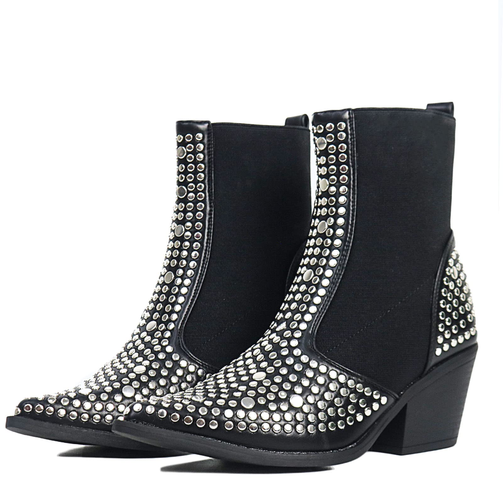 MeiLuSi Womens Cowboy Boots Rhinestone Cowgirl Boots Elastic Chelsea Boots Pointed Toe Studded Boots Fashion Western Boots Pull-on