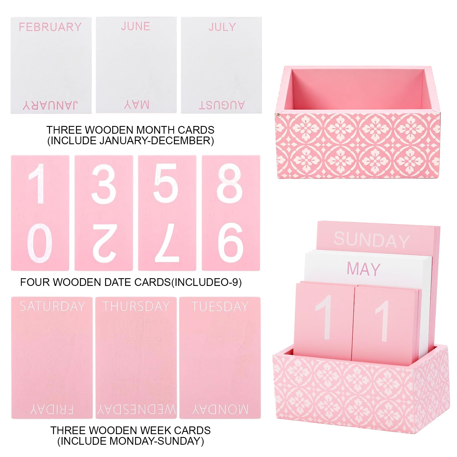 Calendrier Perpétuel en Bois Rose, Calendrier de Bureau 2026 avec Blocs à Retourner, Affichage Date/Mois/Semaine, Décor de Table Élégant pour Femme, Cadeau Maison et Bureau