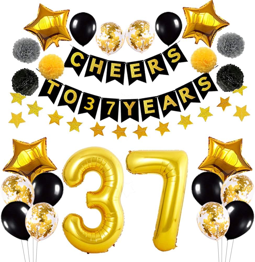 Succris 37th Birthday Decorations Balloons，37th Anniversary Party Decorations,Black Gold Cheers to 37 Years Banner, Gold Star Banner 4m, Confetti &Latex Balloons, Gold Star Balloons 18inch