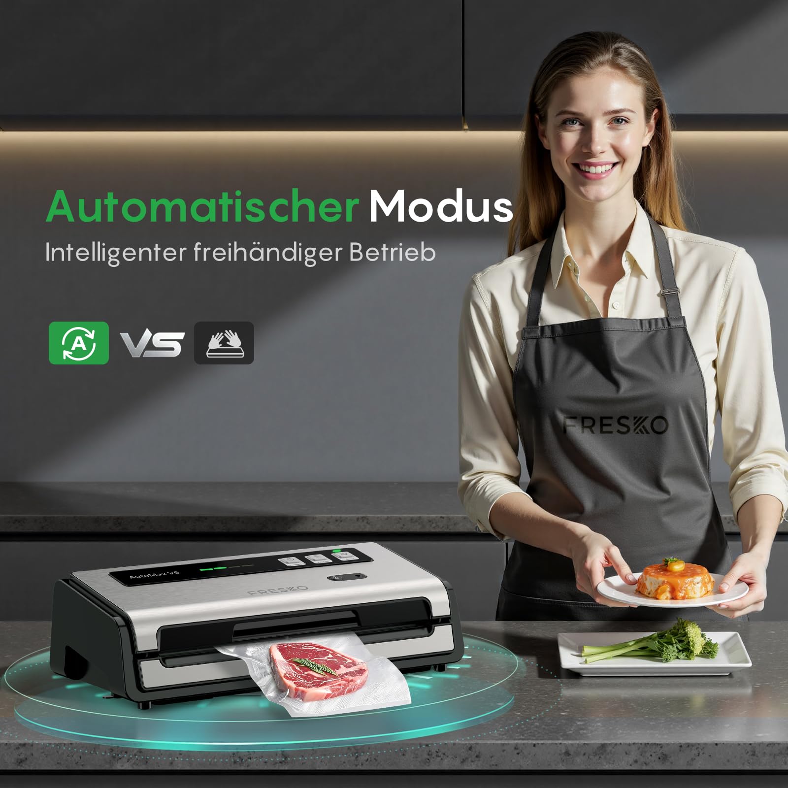 FRESKO Automatische Vakuumiergerät, 140 W Vakuumierer, Verbreiterte Heizstreifen, Integrierter Schneider und Beutelaufbewahrung+ 50 Vakuumierbeutel 20x30 cm (FB119)