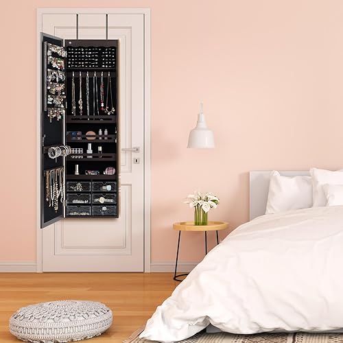 Miniatura 6 de HAPPYGRILL Armario de joyería montado en la pared, organizador de joyas con cerradura con espejo de longitud completa, 6 cajones y 5 LED, armario de