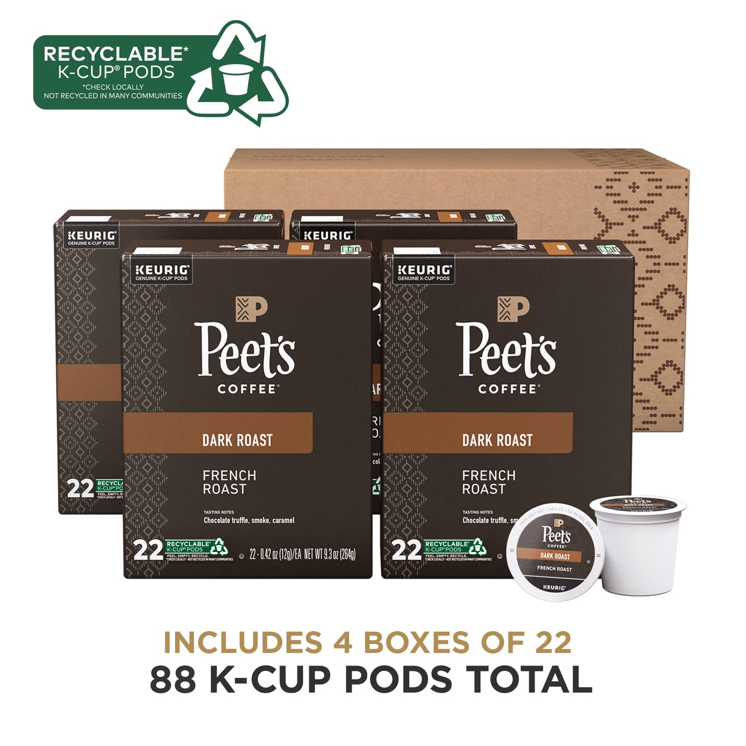 Peet's Coffee, Dark Roast Keurig K-Cup Pods, 100% Arabica Coffee - French Roast 88 Count (4 Boxes of 22 Pods)