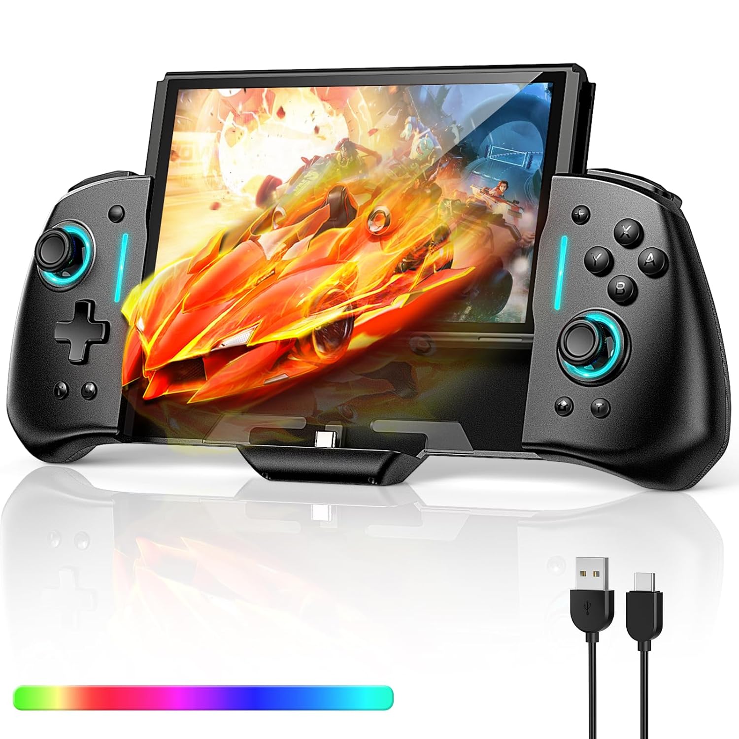 Switch Controller for Nintendo Switch/OLED, One-Piece Switch Pro Controllers Replacement for Joycon, Handheld Switch Grip Remote with 8 RGB Colors, Adjustable TURBO, Dual Motor Vibration, Back Button Thumbnail