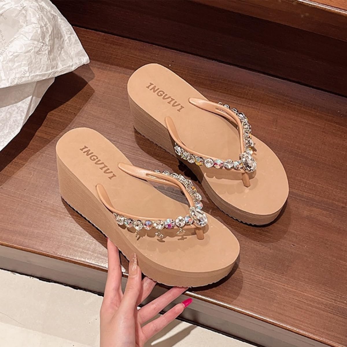 Chanclas de Piscina Plataforma Verano para Mujeres Chanclas de Playa de Cuña Mujer Rhinestone Zapatillas de Piscina