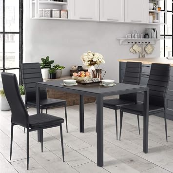S AFSTAR 5 Piece Dining Table Set, Kitchen Table Set with Black Tempered Glass Table & 4 Faux Leather Padded Chairs, Modern Dining Room Table Set for 4, Dining Table & Chair Set for Family