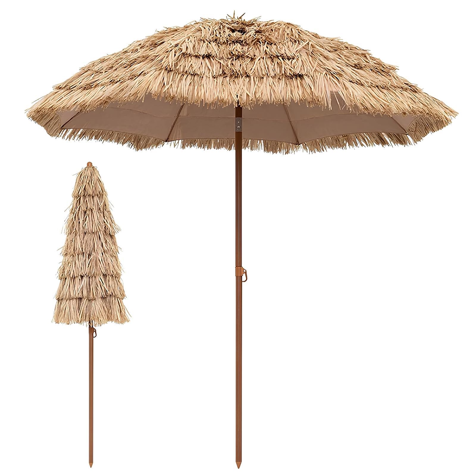 Hawajski parasol plażowy Tiki, 5,2-7,9ft odcień słońca z 8 żeberkami, przenośny taras zewnętrzny Parasol do ogrodu, balkonu i basenu