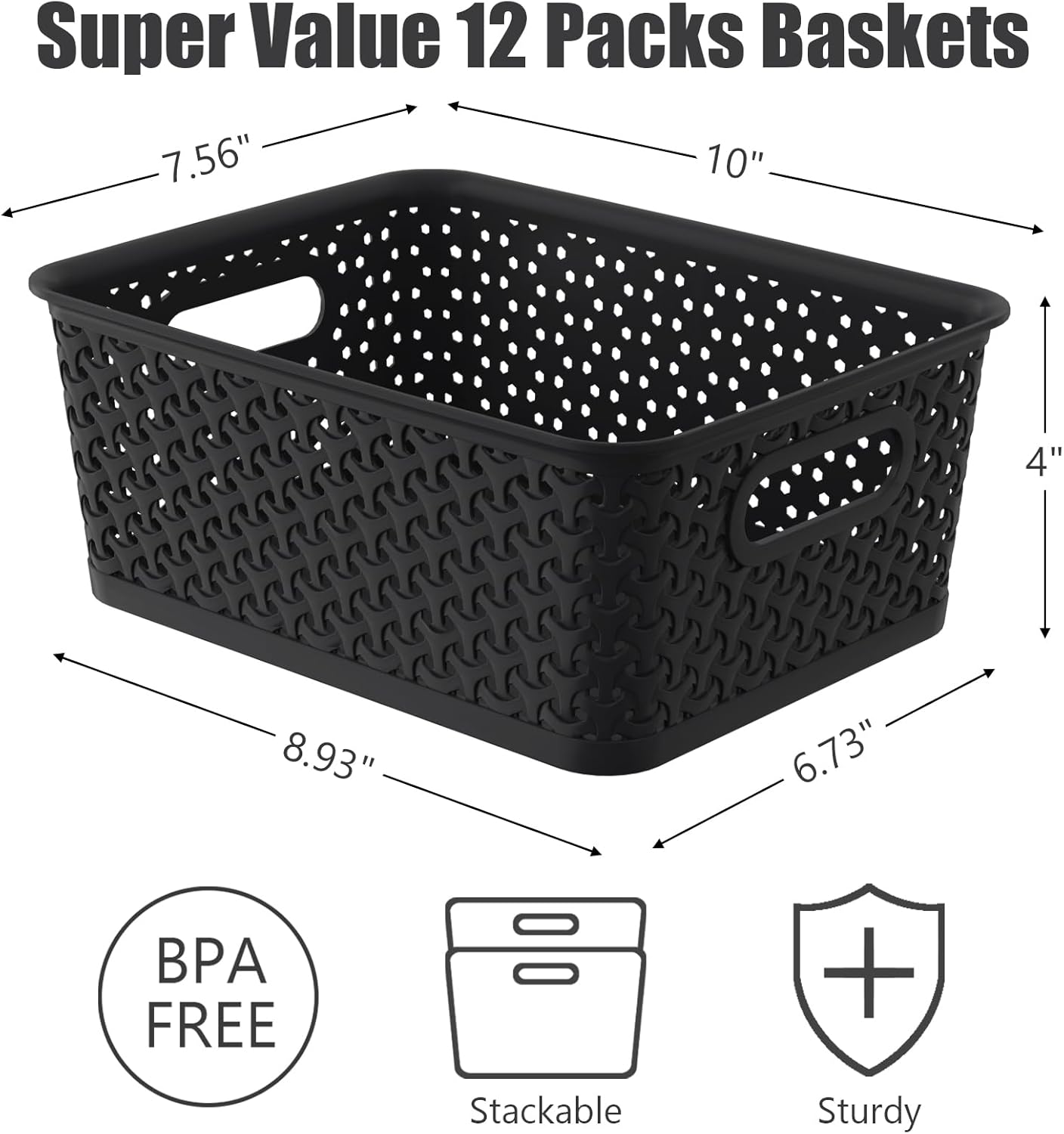 12 Packs Plastic Baskets with Handle, Woven Storage Organizer Bins for Home, Bathroom, Classrooms, Office, School, Black