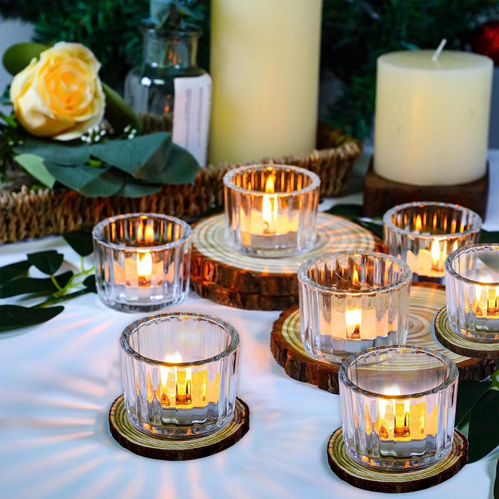 12 Piezas Portavelas Cristal, Vintage Portavelas de Te, Portavelas de Decoración de Mesa Vintage Transparentes, Vasitos para Velas Pequeñas, Porta Velas Decorativas para Boda, Decoración de Mesa