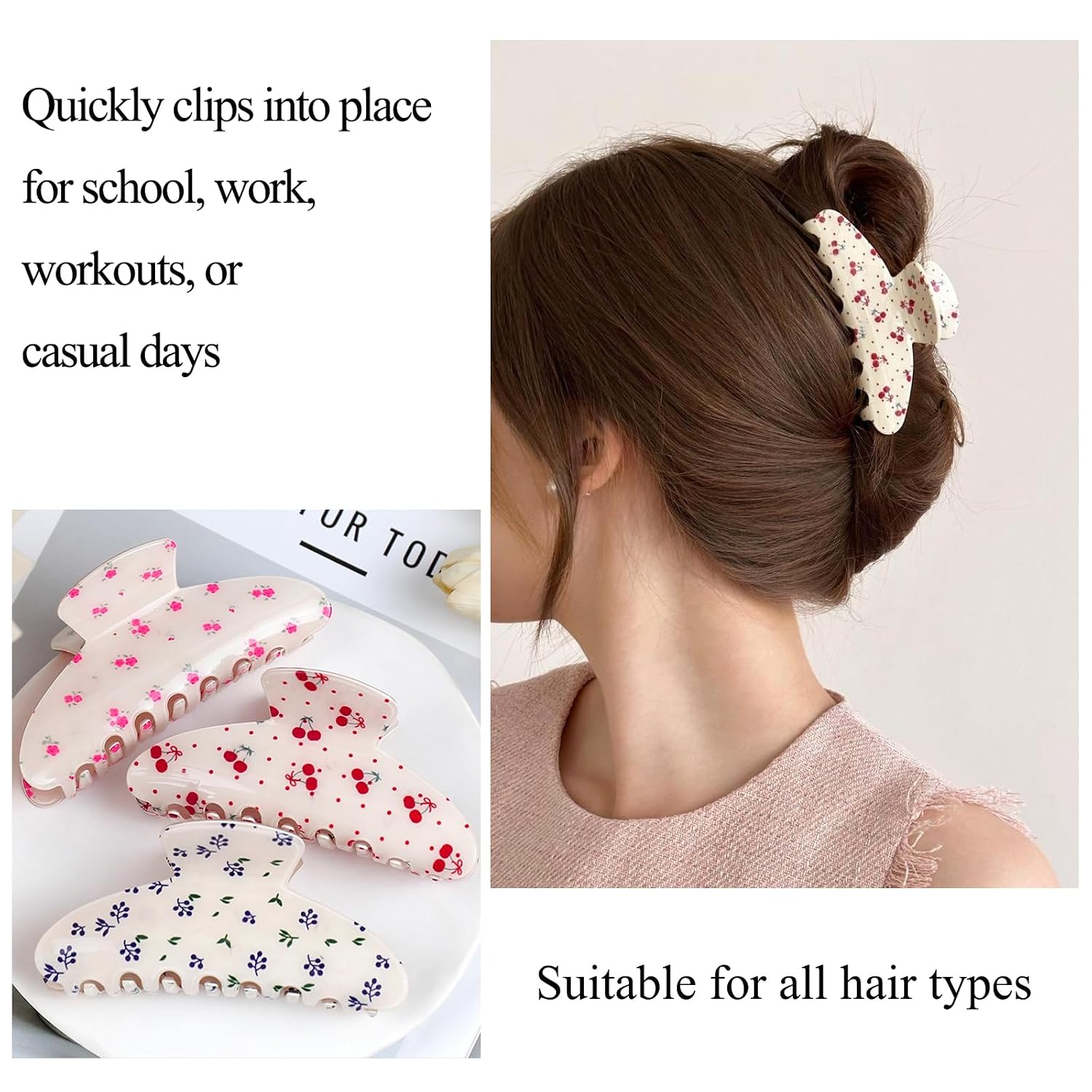 DXYAKY 2 Pack Acrylic Hair Claw Clips for Women and Girls - Large 3.5" Non-Slip Clamps with Fruit & Floral Print, Strong Hold Claw Clips for Thick or Thin Hair - Summer Cute Styling Accessories image 2
