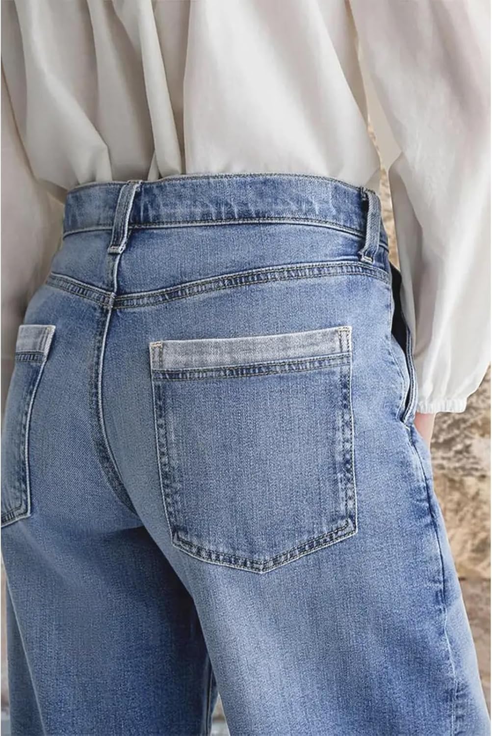 Madrirdma Wide Leg Jeans for Women Mid Waist Baggy Stitch Decor Denim Washed Pants Without Belt