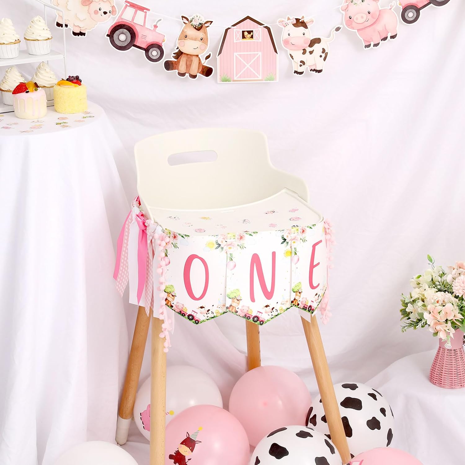 Pink Farm High Chair Banner for 1st Birthday Girl - Farm Themed First Birthday Party Decorations with Fabric Garland, One Year Old Baby Photo Props Souvenir Gifts, Barnyard Party Supplies