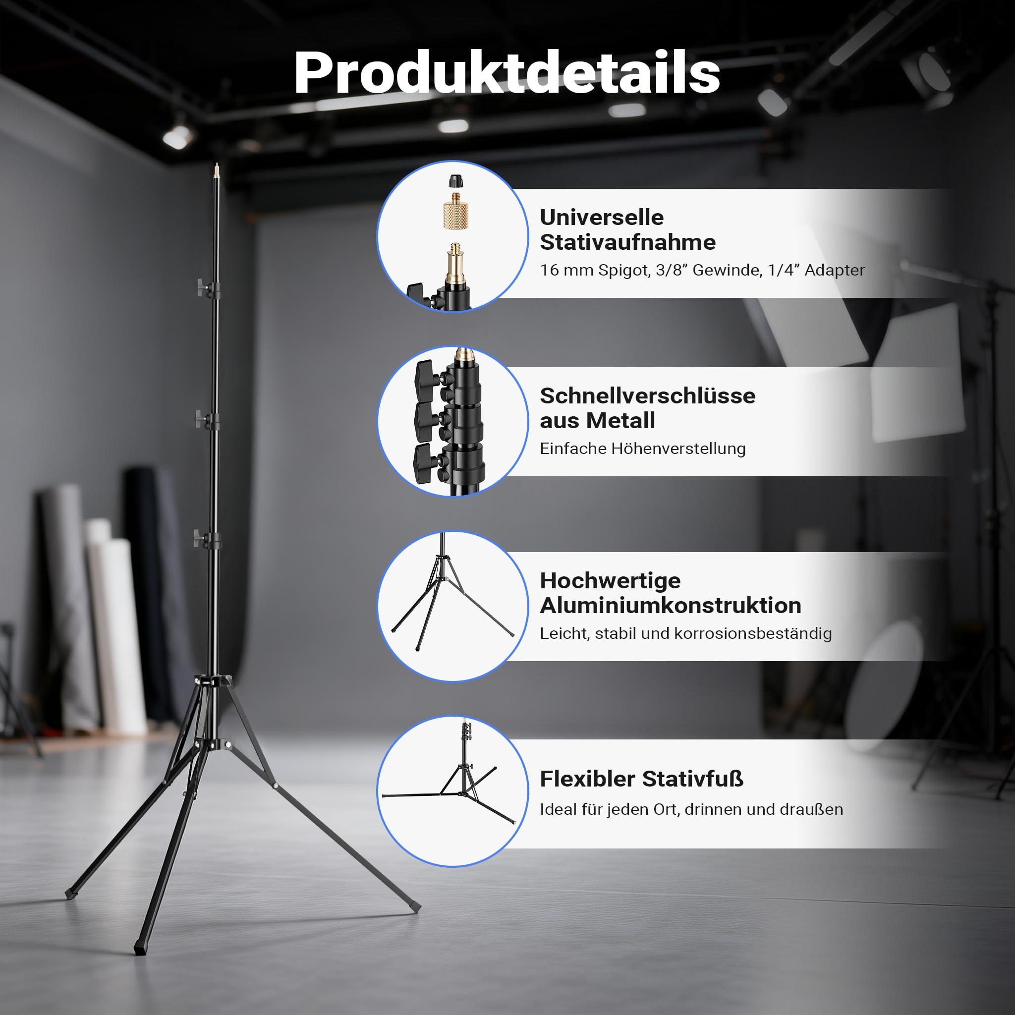 Walimex pro LED Niova 60 Plus + zestaw 2 statywów, lampy studyjne LED z reflektorem Bowens i miękkim dyfuzorem oraz statywy do lamp o wysokości roboczej do 215 cm
