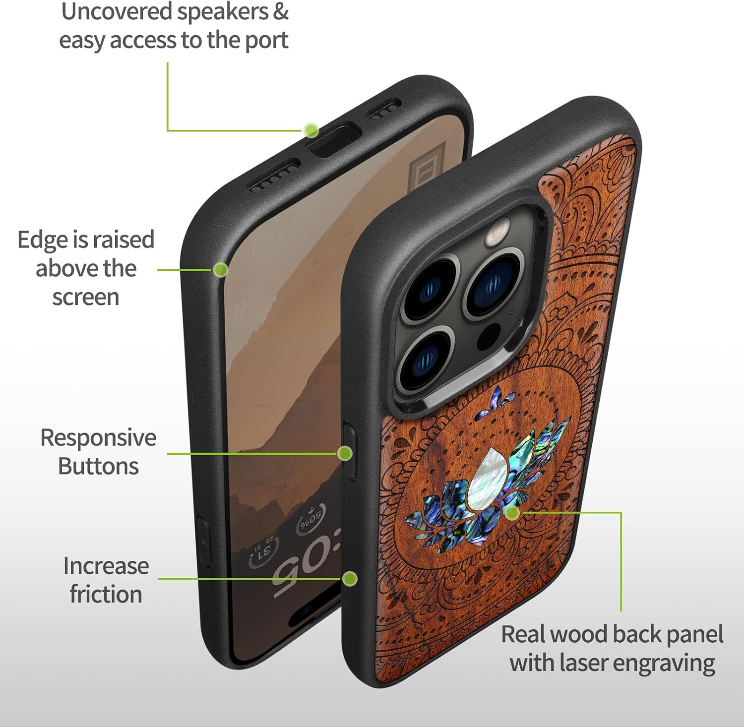 Carveit Designer Wooden Protective Magnetic Case for iPhone 14 Pro Case [Wood Engraving & Shell Inlay] Wood Phone Cover Compatible with 14 Pro MagSafe (Lotus Mandala Essence-Rosy)