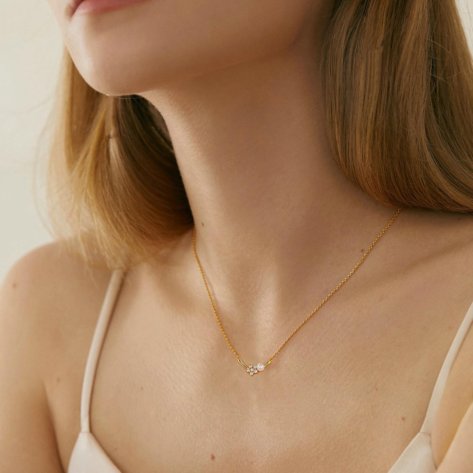 Collana Argento Bambina, Donne Argento 925Collana da Donna da 50 cm con Ciondolo a Forma di Fiore in Zirconia cubica e Perla