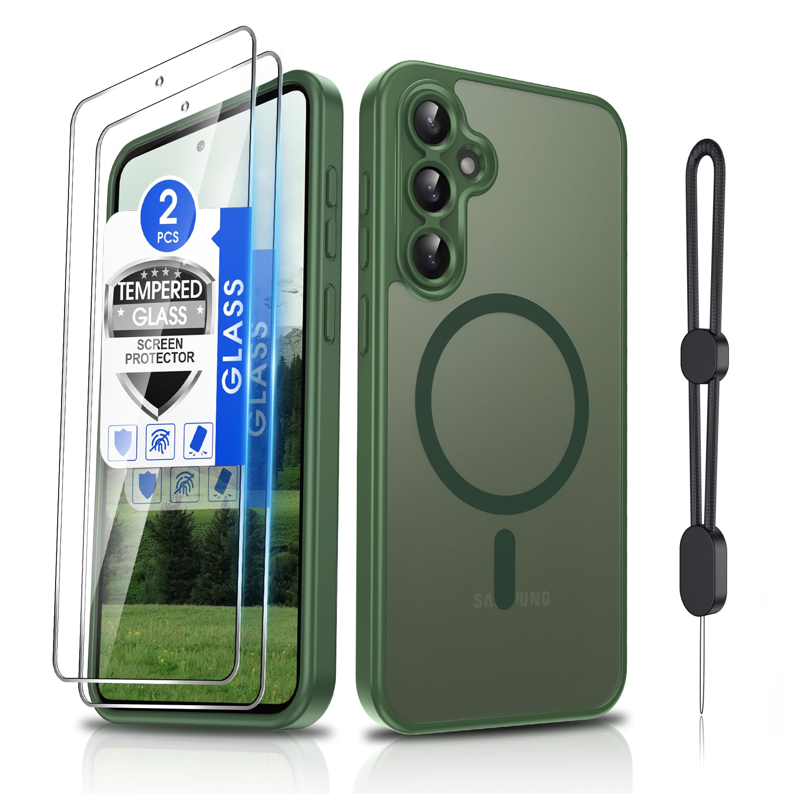 Dizn for Samsung Galaxy S23 FE Cover,[Not Fit S23],S23FE Phone Case with Tempered Glass Screen Protector,Compatible with MagSafe,Matte Translucent &amp; Military-Grade Shockproof for S23FE (6.4"),Green