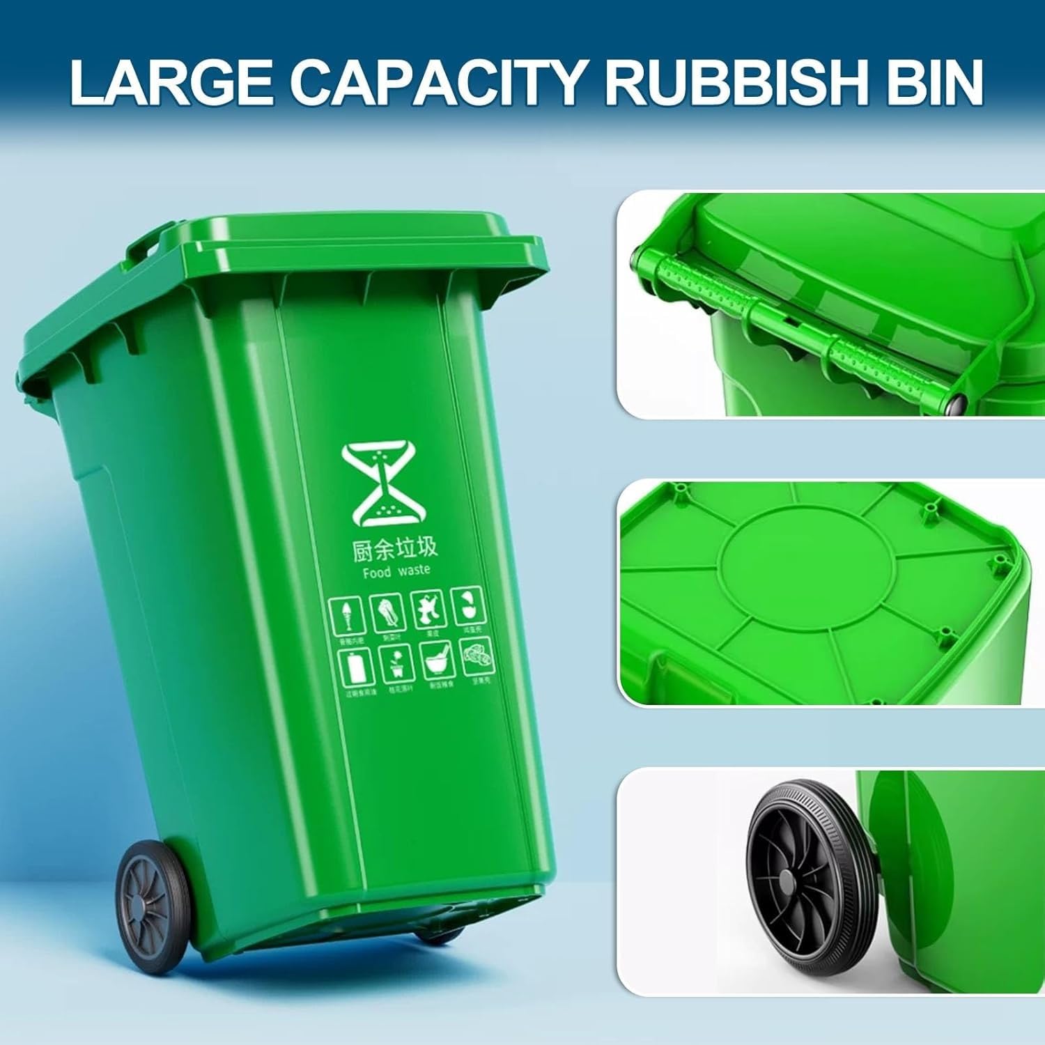 Contenedor de Basura para Exteriores con Ruedas, 120 l, Industrial, móvil, Resistente, Grande, con Tapa, Comercial, para Porche, Patio, terraza (Negro)